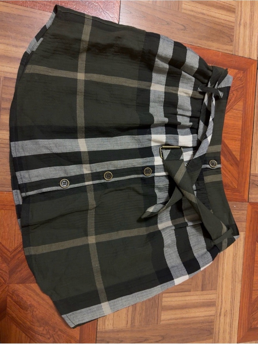 Burberry Olive, Gray and Black Plaid Tie-Waist Skater Skirt